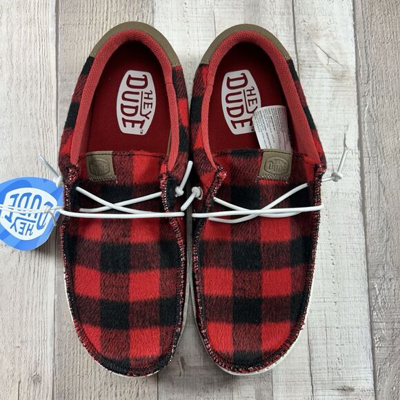 Hey Dude Wally Youth Size 2 Buffalo Plaid Slip On Loafer Sneaker Shoes Red Black - Picture 4 of 11